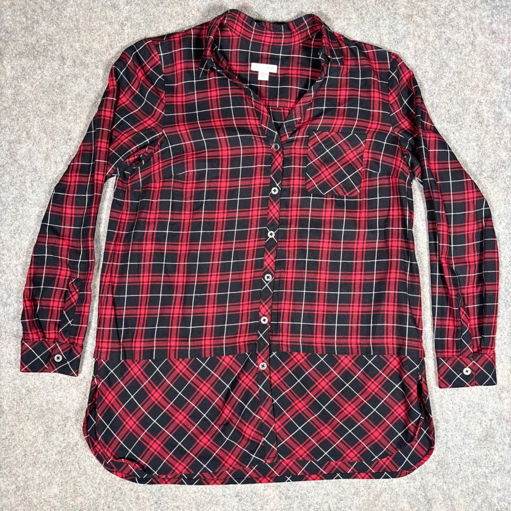 J. Jill Plaid Tunic Top Women XS Petite Red Black Cotton Mixed Pattern Shirt